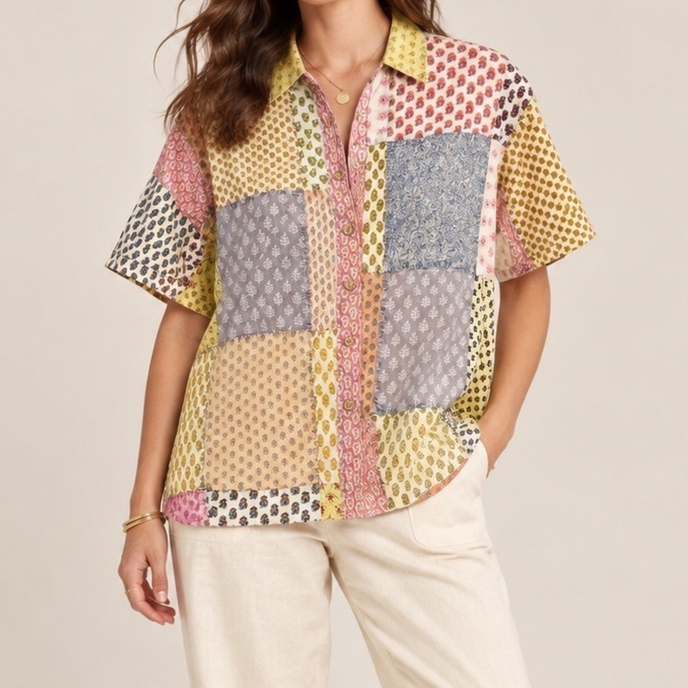 Sacred Threads Patchwork Block Print Cotton Button Down Shirt Boho Large g5